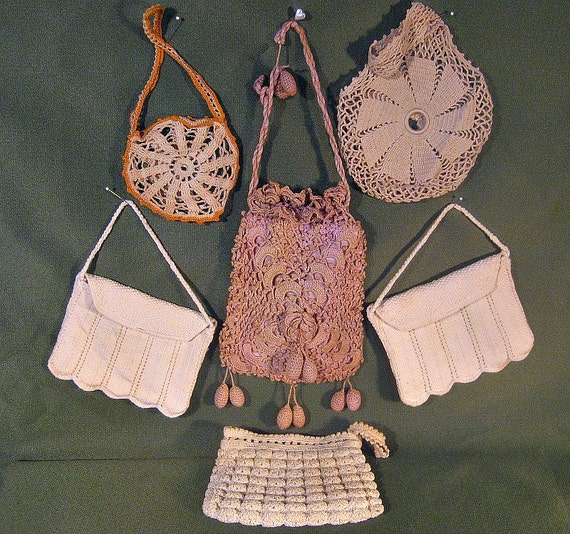 Lot of 6 Antique Crocheted Purses White and Tan