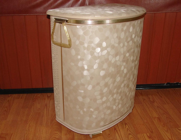 PearlWick Tan Laundry Hamper Vinyl and Wicker with Lucite