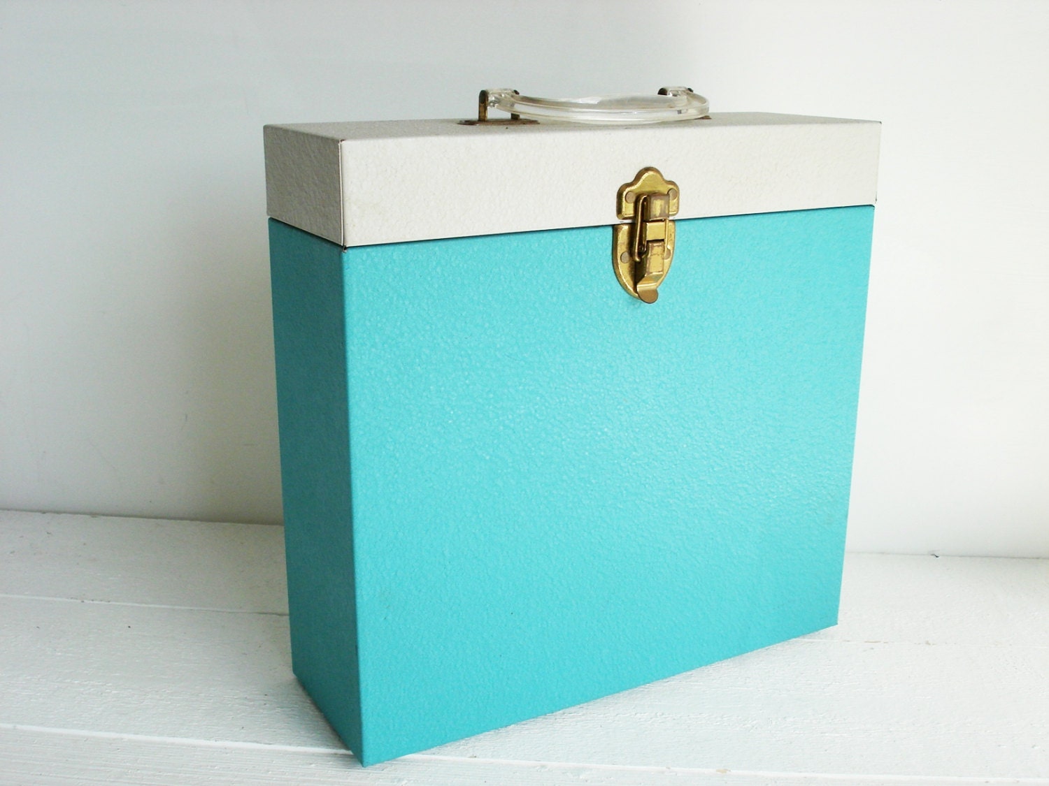 Vintage Turquoise and Ivory Textured Metal Record File Box Haute Juice