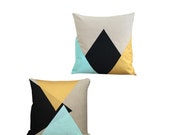 Cushion Cover, Pillow Cover Set of 2 - Mint, Black, Gold Triangles - Type 1 & Type 2
