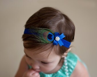 Baby Headband, Peacock Feather Headband. Rhinestone Feather Headband. Infant. Newborn. Toddler. Girl