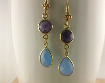 Amethyst and Cornflower Blue Chalcedony Teardrop Earring in golden Vermeil