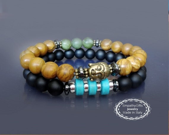 Mens black onyx & turquoise bracelet Matte black bracelet Mens