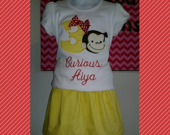 Yellow Dot Curious George Birthday Shirt with a Red Bow and matching skirt