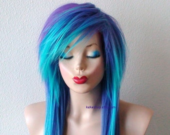 Scene wig. Emo wig. Teal/ Purple wig. Long straight hair side bangs scene hairstyle wig for daily use or cosplay.