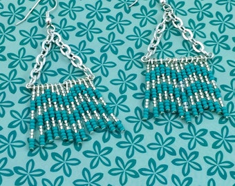 Chevron Teal and Clear Glass Seed Bead Fringe Earrings