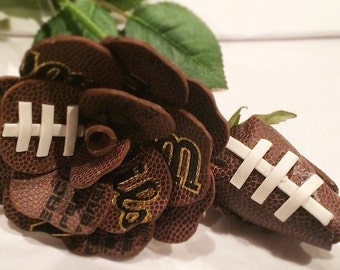 Homemade Leather football roses combo ~ 1 open longstem rose and 1 closed rose bud long stem.