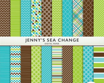Digital Paper "Jenny's Sea Change" 20 Sheets - Green Blue Brown - Scrapbooking Personal Commercial G7341