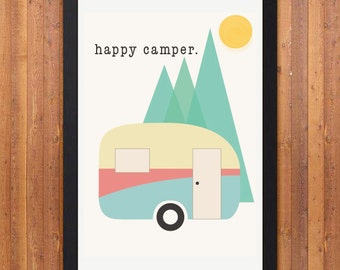 Retro Caravan 'Happy Camper' Poster Print A4 or A3