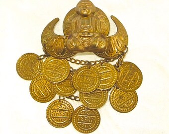 Vintage Buddha Brooch, Coin Dangles, Namaste, Spiritual Jewelry, Buddah Pin
