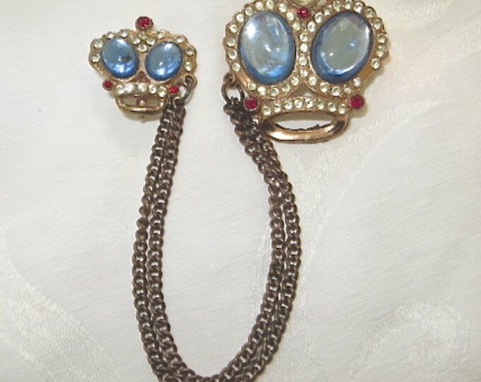 Vintage Crown Brooch, Crown Chatelaine Double Crown Pin, Heraldic Jewelry