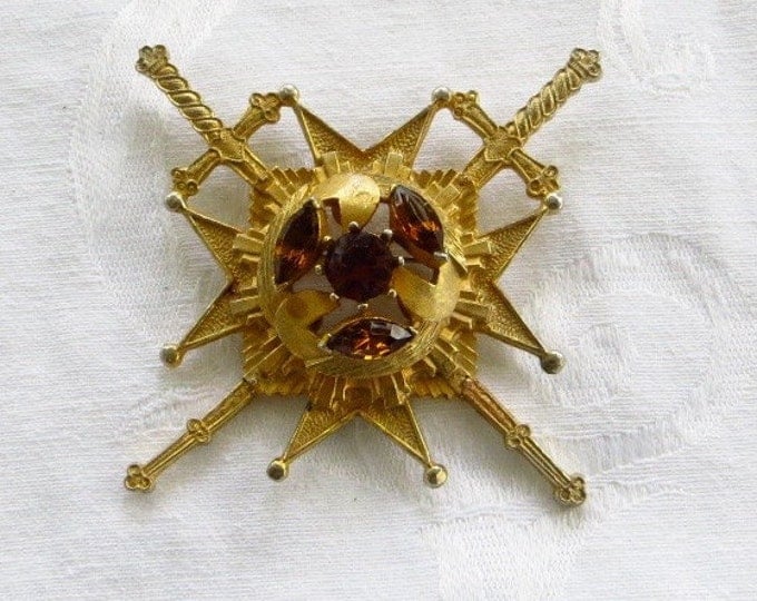 Maltese Cross Brooch Pendant Signed Rousseau Vintage Heraldic Jewelry