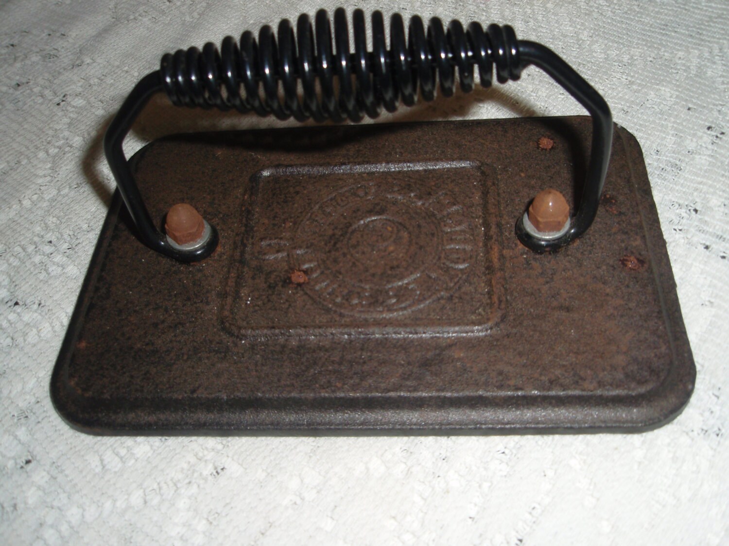 Vintage Rectangle Cast Iron Meat Bacon Press with Wire Handle