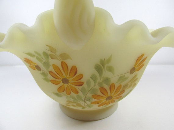 Fenton Satin Custard Glass Basket With Hand Pained Flowers Has