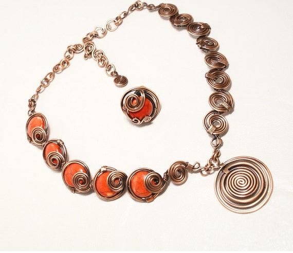 coral jewelry set,coral necklace,coral ring, wire wrapped jewelry handmade , gifts for her, copper jewelry