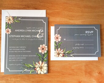 Grey & Peach Floral Wedding Invitations