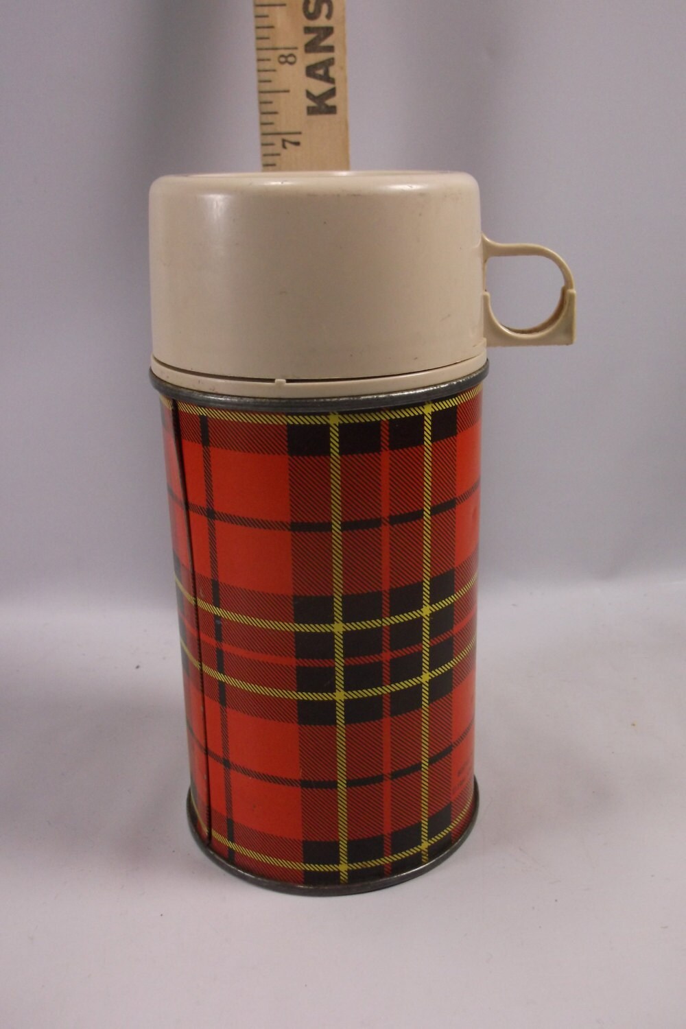 Vintage Thermos Bottle Metal Red Yellow Black Plaid by retroricks