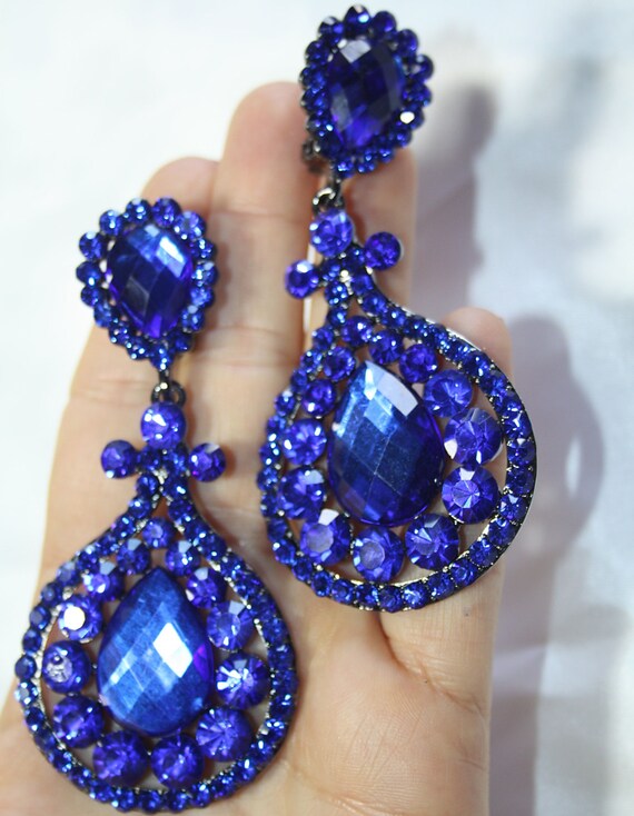 Chandelier Clip On Earrings Rhinestone Austrian Crystal Blue