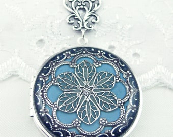 Light Blue Filigree Locket, Blue Silver Filigree Flower Locket Vintage Locket Photo Locket,ValentineGift For Her