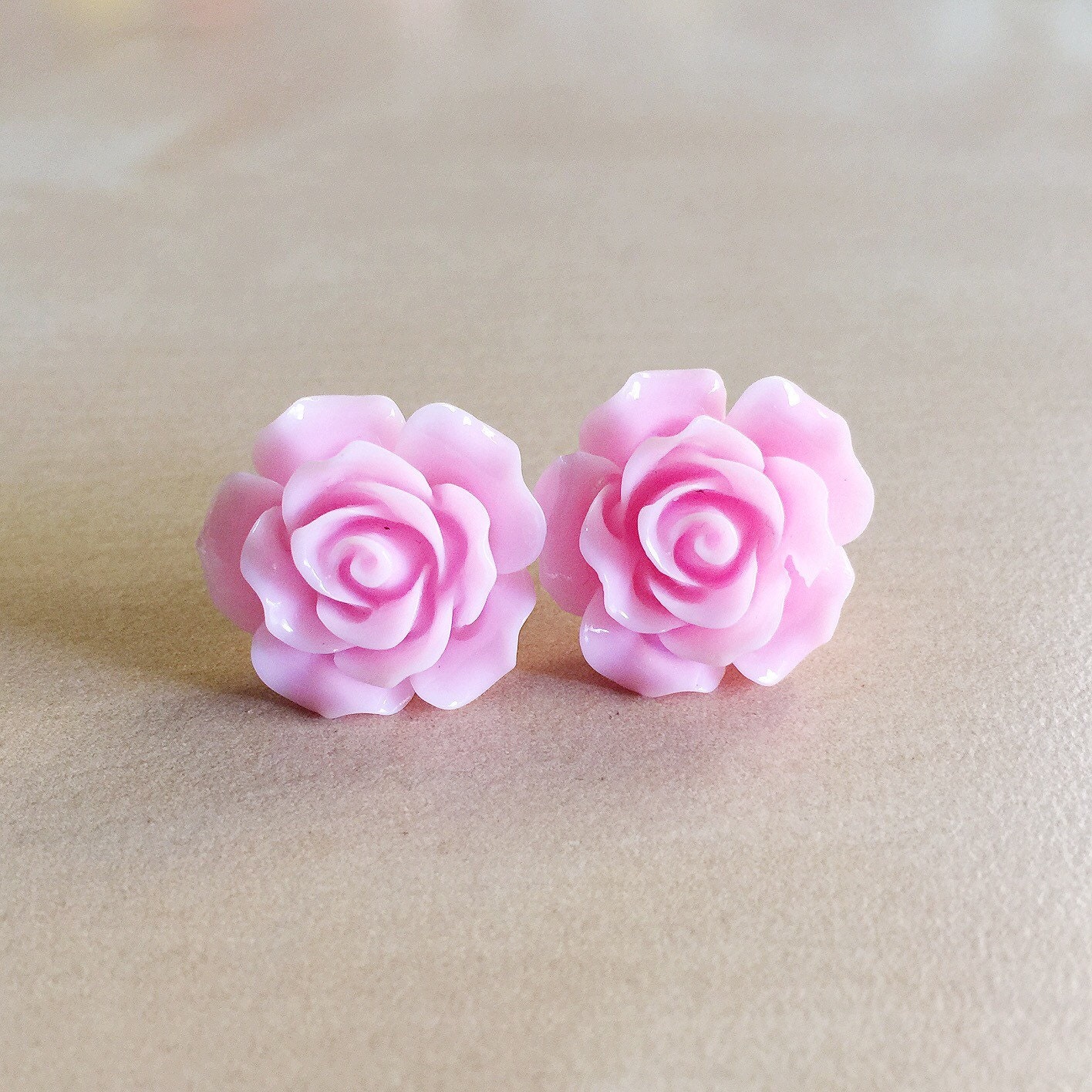 Pink Rose Earrings 20mm Resin Cabochons by BlueButtonBaubles