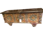 SALE Trunk Coffee Table Antique Indian Chest Floral Carving Long Media Console Trunk Storage Furniture