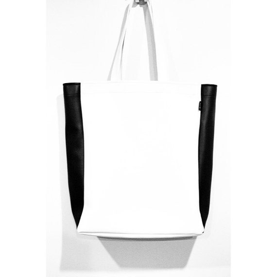 Black & White Faux Leather Tote Two Tone Shoulder School Bag