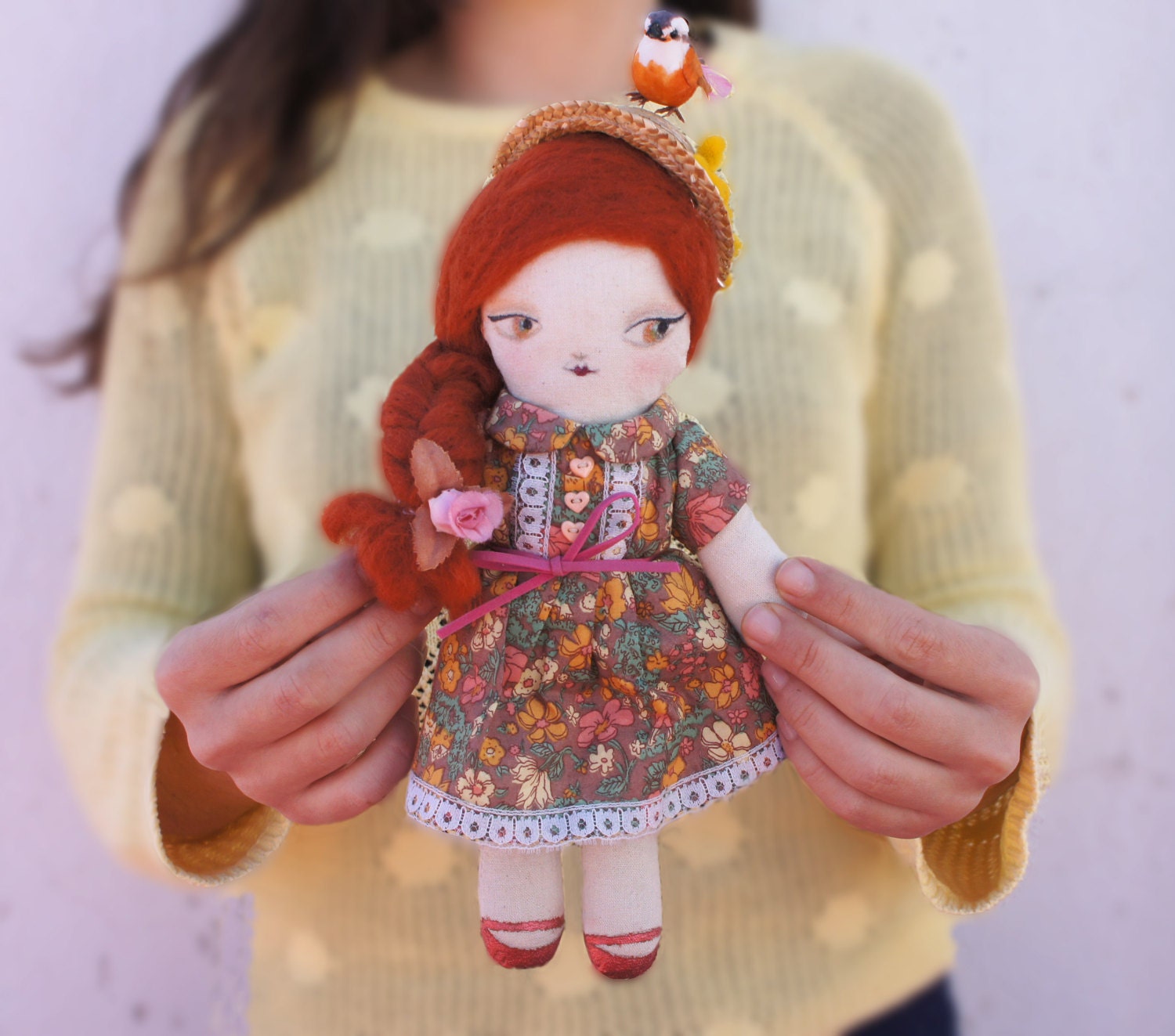 Redhead Teenager Rag doll with canotier. DIY Home decor