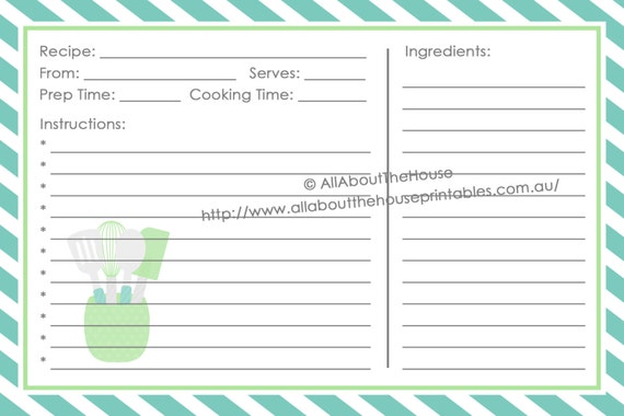 Recipe Card Printable Template Blue Green Stripe 4 X 6