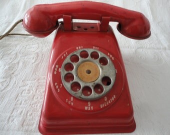 Vintage Red Toy Telephone Metal Rotary Phone The Steel Stamping Co Lorain Ohio Made In USA
