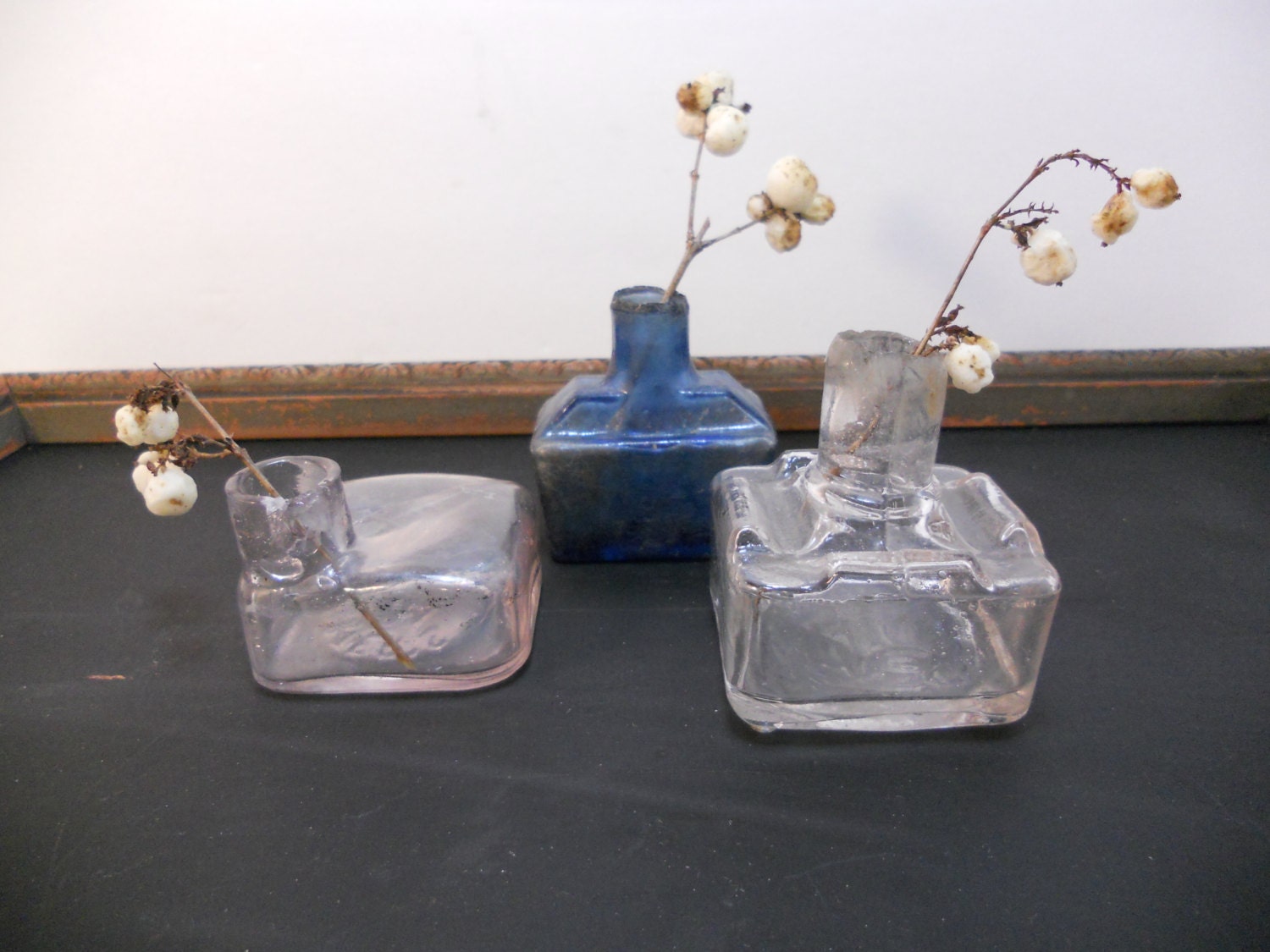 Three Antique Glass Ink Bottles Sheared Top