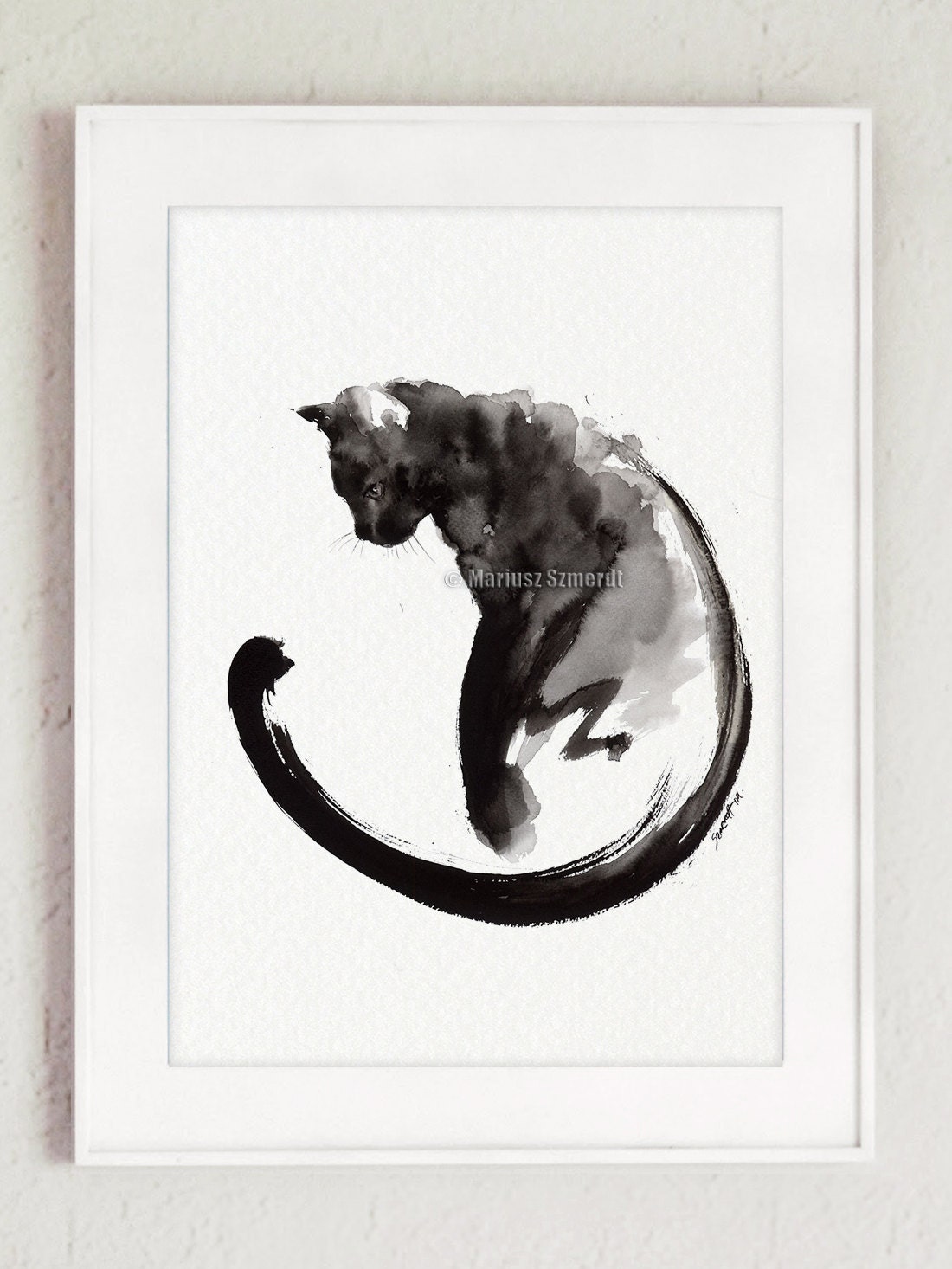 Black Cat Art Original Handmade Wall Decor Painting Watercolor