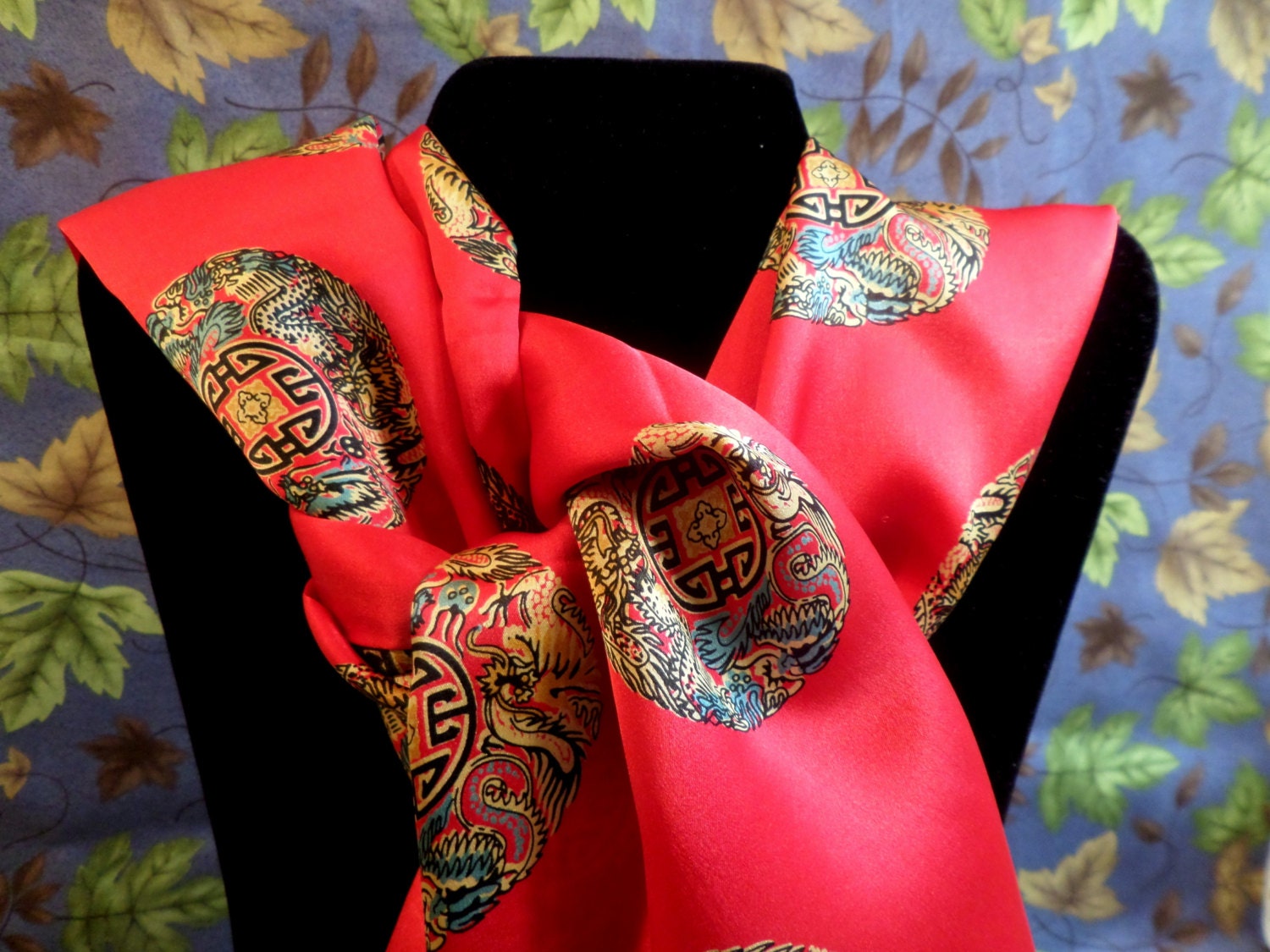 Red Silk Scarf with Knotted Fringe. Asian themed Medallion