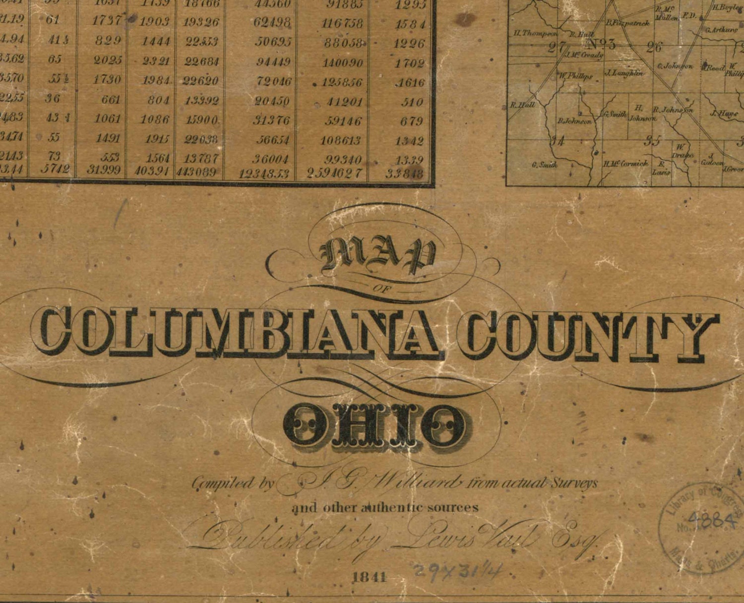 Columbiana County Ohio 1841 Old Wall Map Reprint with