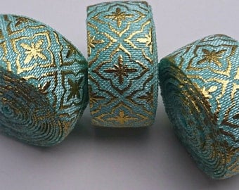 5/8 AQUA MOROCCAN Tile Gold Foil Fold Over Elastic
