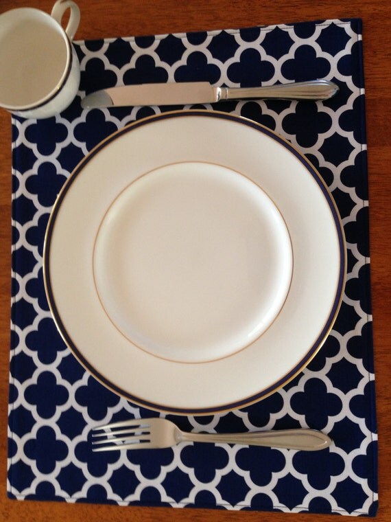 Items similar to Handmade Fabric Quatrefoil Placemats Navy on Etsy