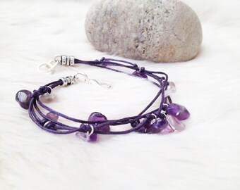 Amethyst bracelet. Amethyst chips cord bracelet. Amethyst jewellery