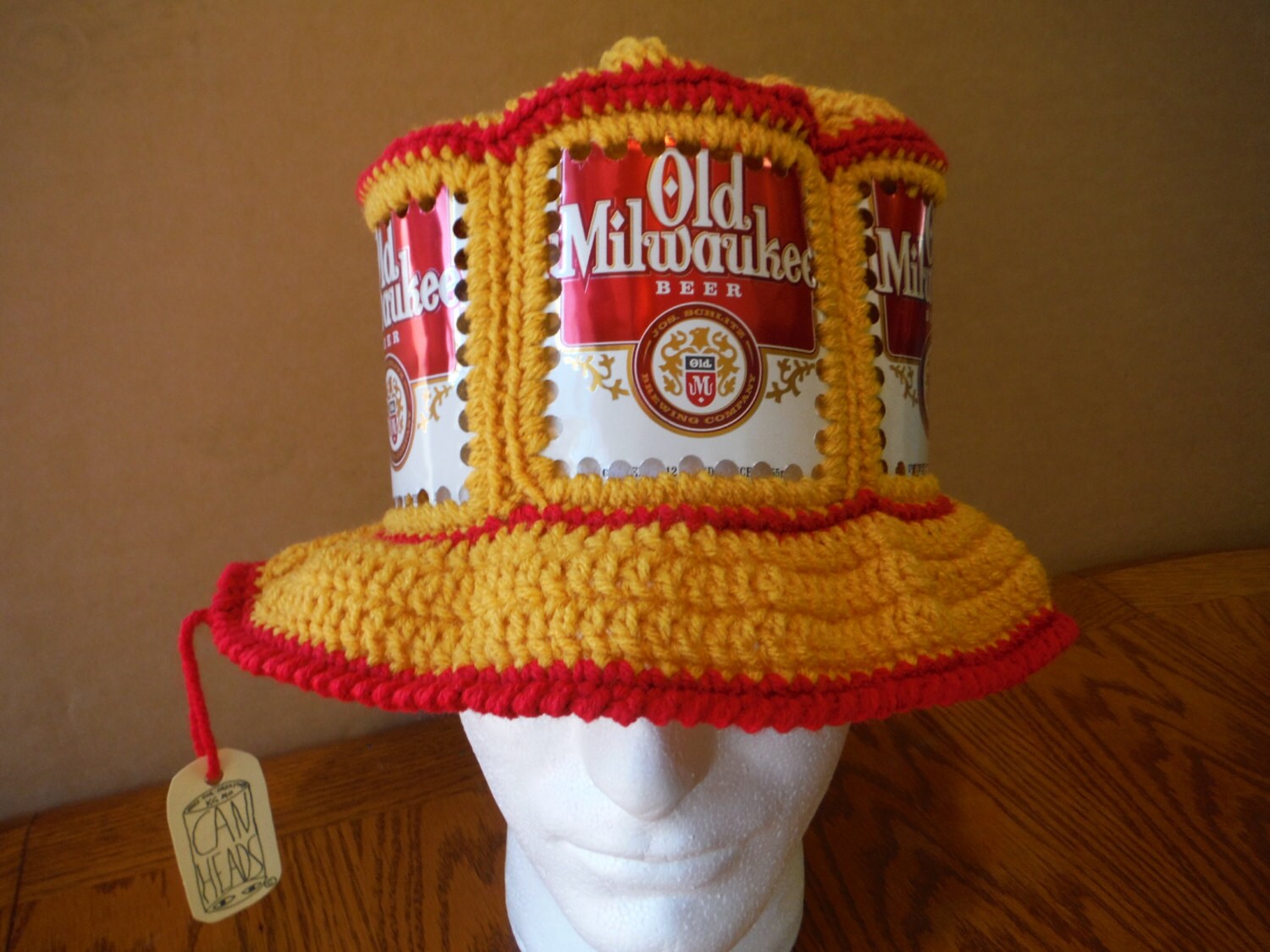 New Crocheted Old Milwaukee Beer Can Hat 6 Can Panels Gold
