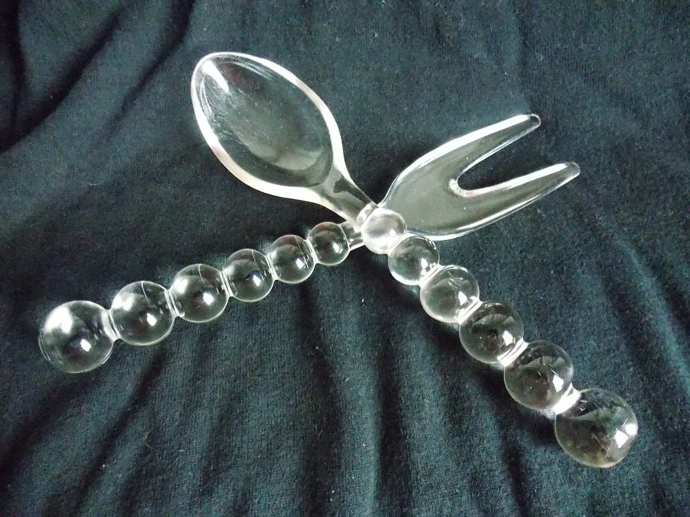 Imperial Glass Salad Fork and Spoon / Serving Set / Glass Flatware