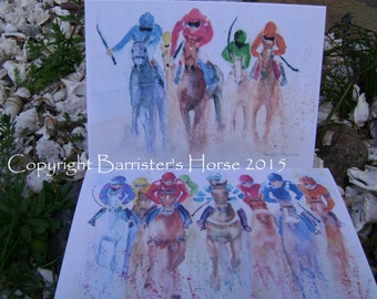 2 x Horse Racing, Watercolour Art Prints, Greetings Cards, Blank inside, A5 size.