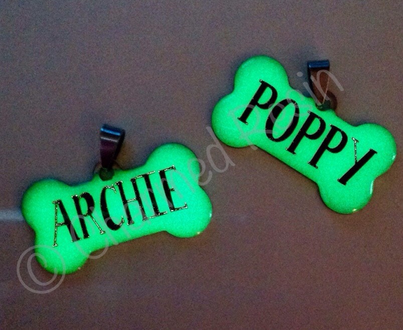 Glow in the dark dog name tag by TheGlassCavern on Etsy