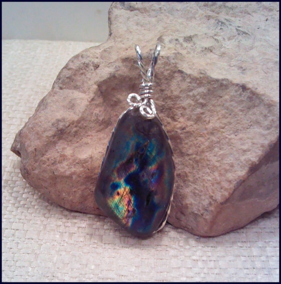 Spectrolite Labradorite Sterling Silver Wire Wrap Pendant Pw134