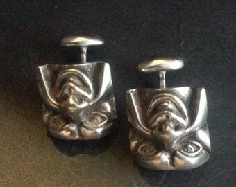 Sterling Silver greco roman square cufflinks ~ lost wax, hand carved, detailed sculptural diety faces, oxidized polished, signed hallmarked