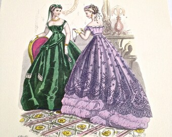 Modes de Paris Vintage Fashion Print, Petit Courrier des Dames 1867, Original Print Published by Stehli Freres, Zurich, Series 1412 No 1