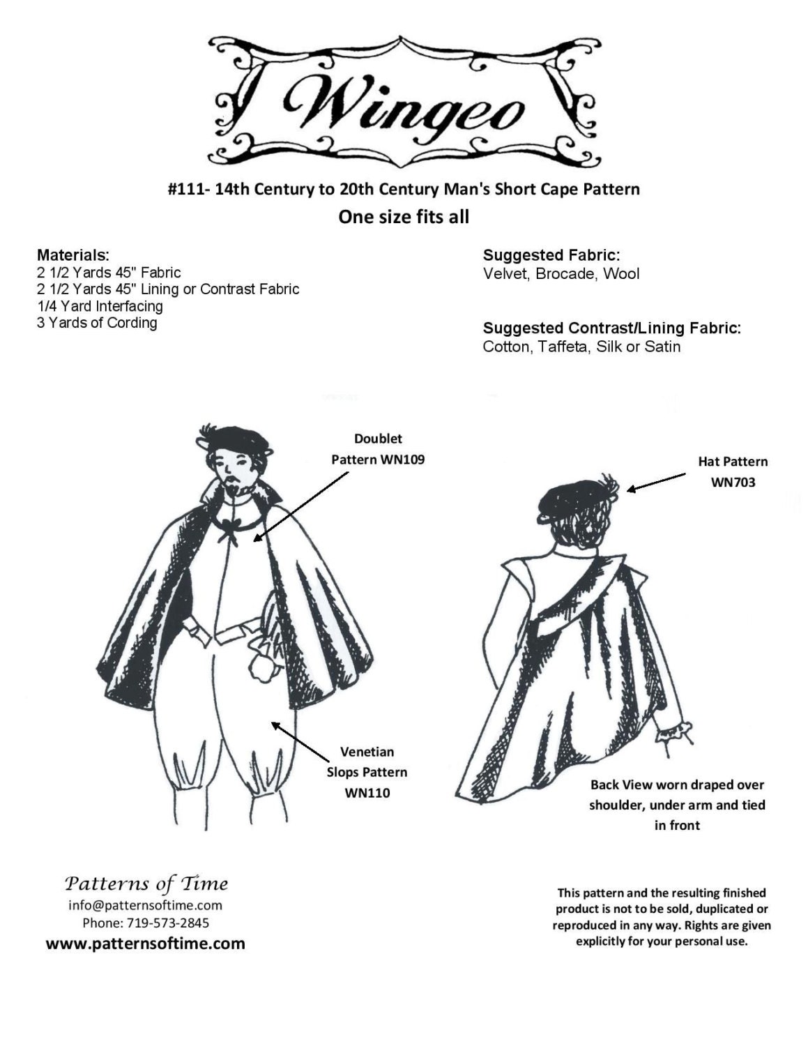 WN111 14th to 20th C. Mens Short Cape Sewing Pattern by