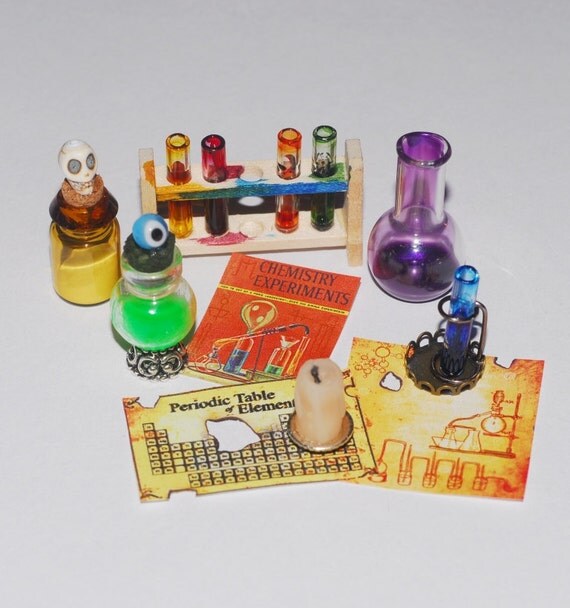 Miniature chemistry test tube rack dollhouse potion bottles