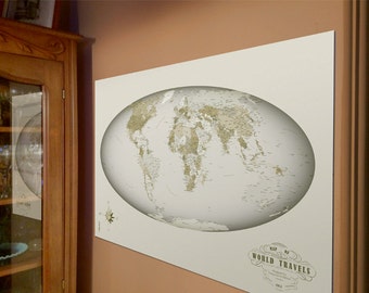 World Travel Map in Sage Colors, Discover the World with this Unique Large 24x36 World Art Map on Foam Board, Push Pin World Map