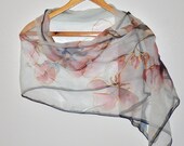 Light blue silk scarf with red apple blossoms. Hand pained, batik. Hand painted silk scarf. Scarf for woman, gift for her, summer accessory
