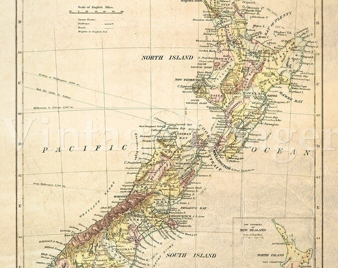 Antique New Zealand map 1881 Old map of New Zealand. Vintage New Zealand wall map home decor fine art print Historical Map map reproduction