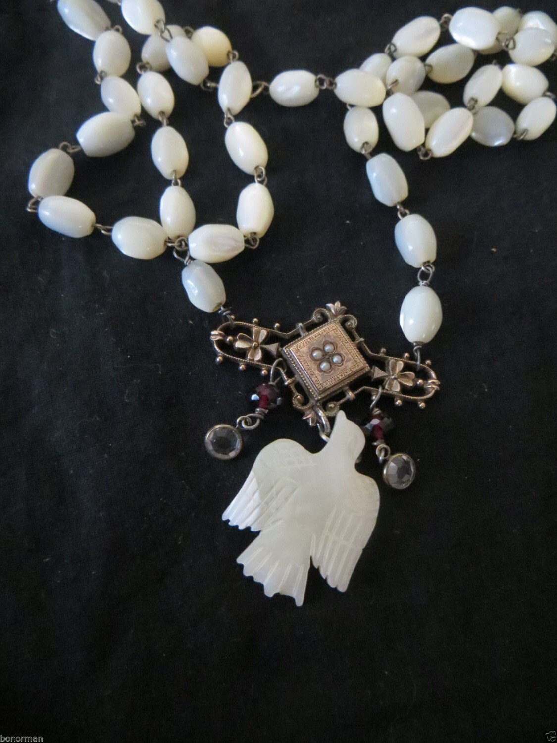 Antique Old Vintage Mother of Pearl Repousse Gold Plated pendant w/Bird ...