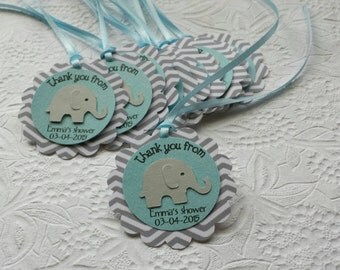 12 Light Blue and Grey Chevron Elephant Gift tags-Favor Tags-Hang Tags-Baby Shower-Elephant Theme-Elephant Gift Tags-Elephant Tags